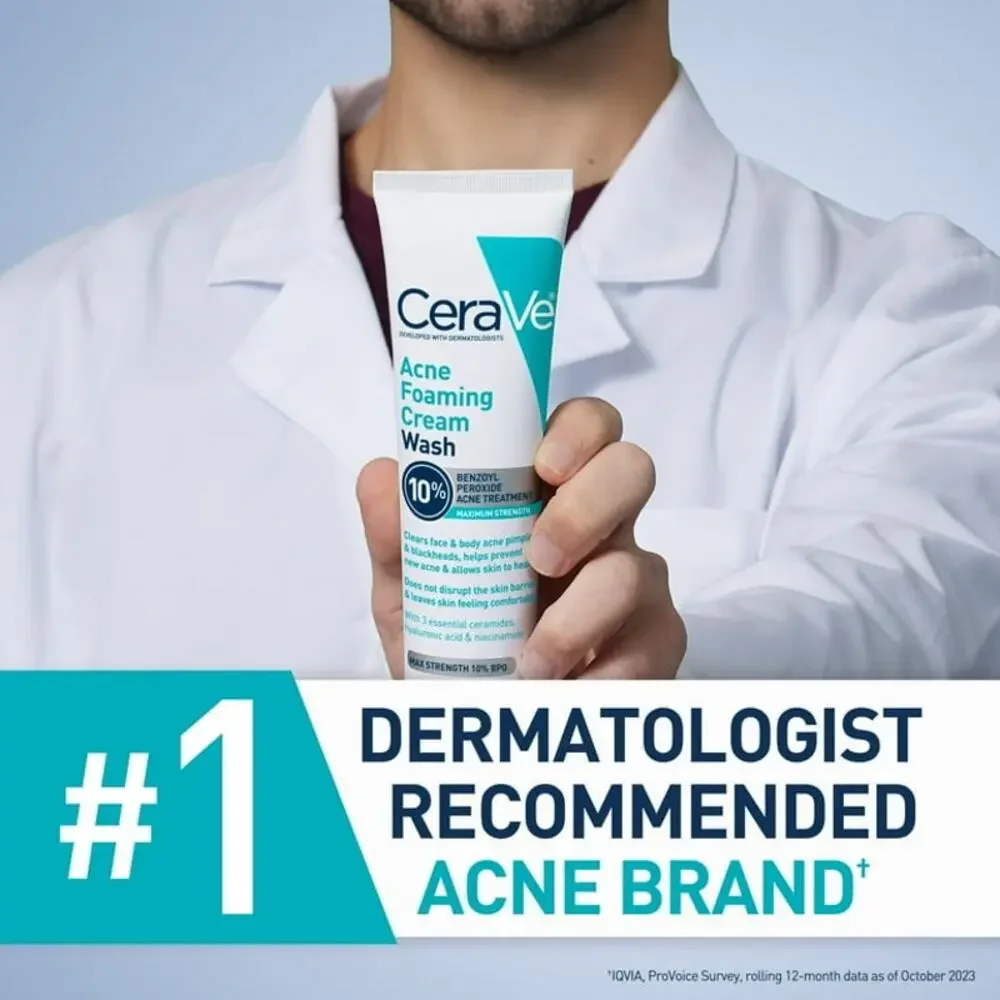 NEW Cerave Acne Foaming Cream Wash 10 Benzoyl Peroxide Max Strength Face Cleaner
